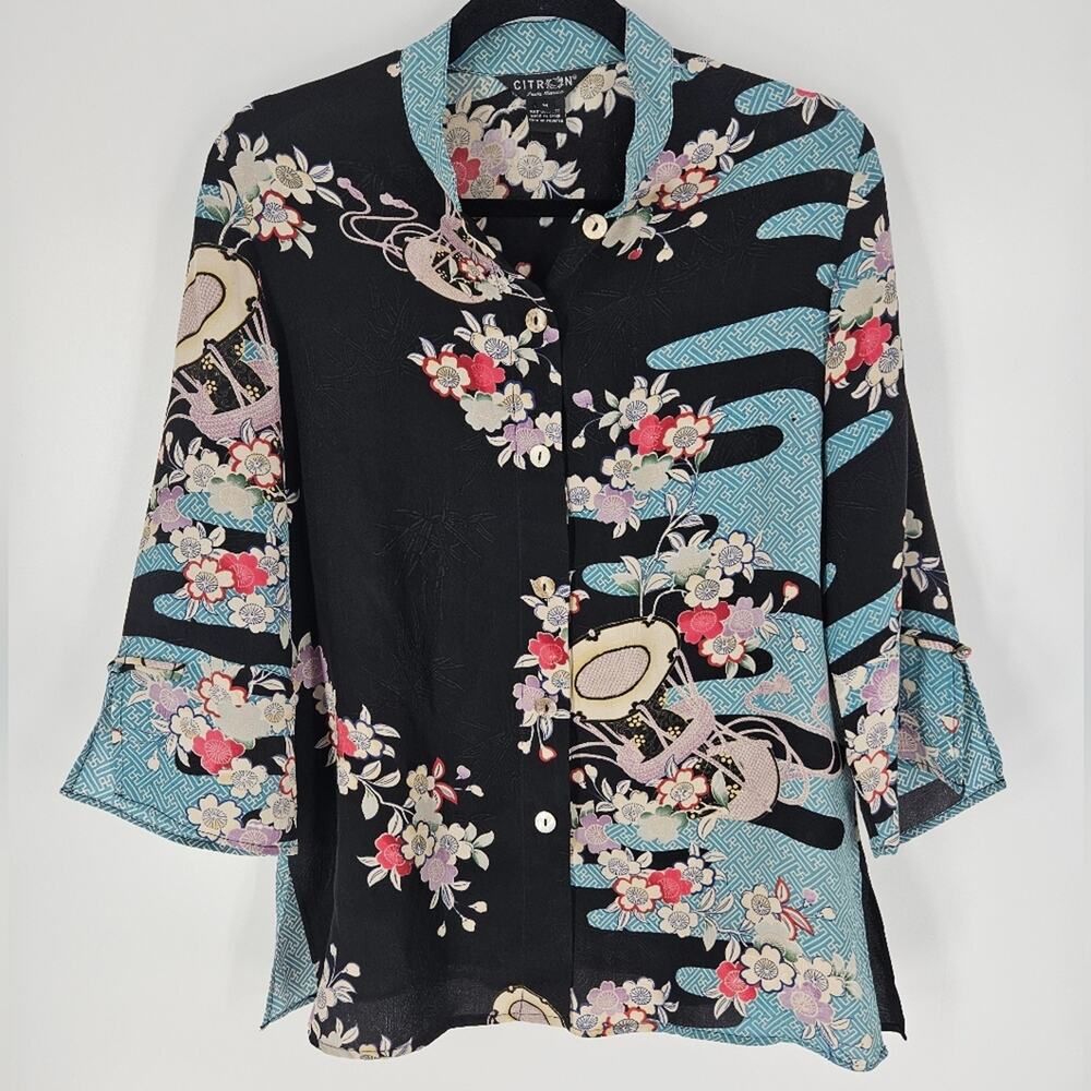 Citron Black Floral Silk Button Down Long Sleeve Blouse M